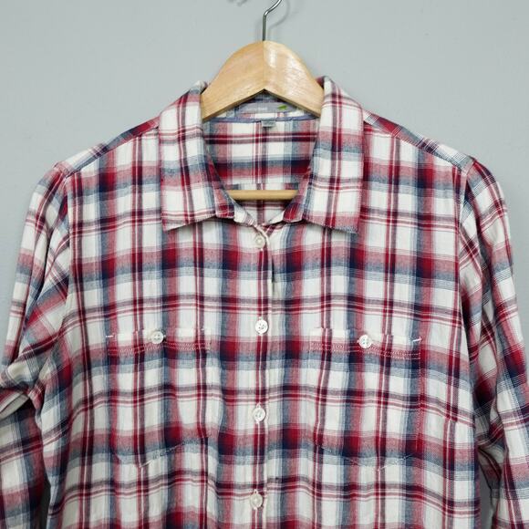 Horny Toad Flannel Tunic Top Sz S Red Cream Plaid Gathered Back Shirt Pockets LS - Picture 5 of 14